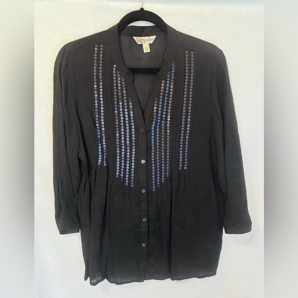 #1188 Krazy Kat Black Embellished 3/4 Sleeve Blouse Sz Large